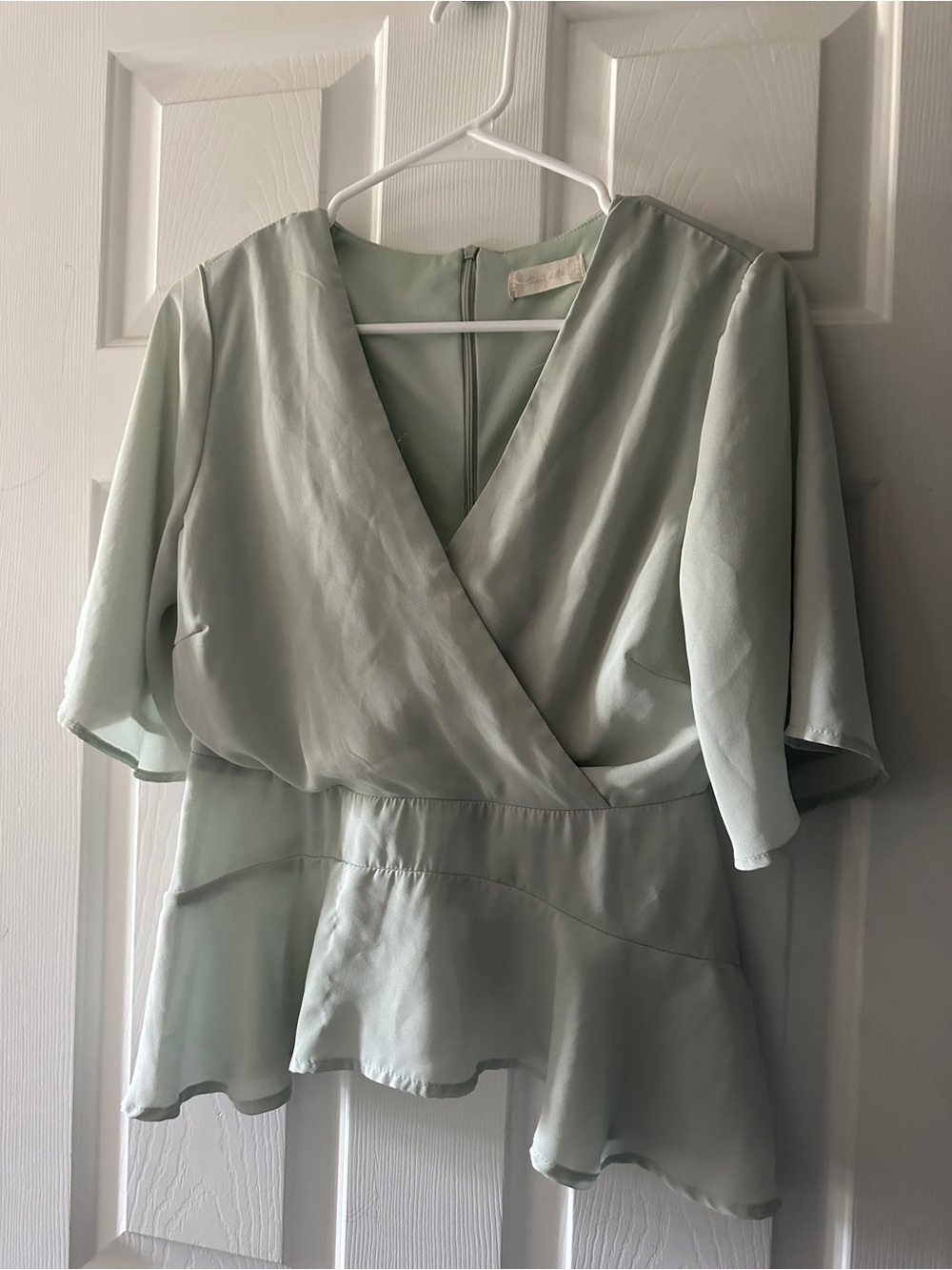 Women’s V-Neck Peplum Blouse in Sage Green